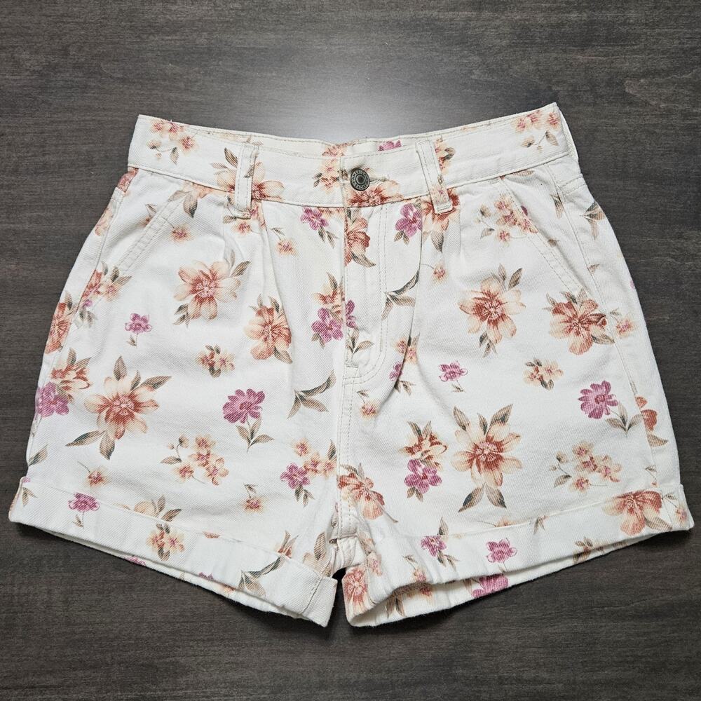American Eagle Mom Short Womens Sz0 White Floral High Waist Cuffed Pleated Retro